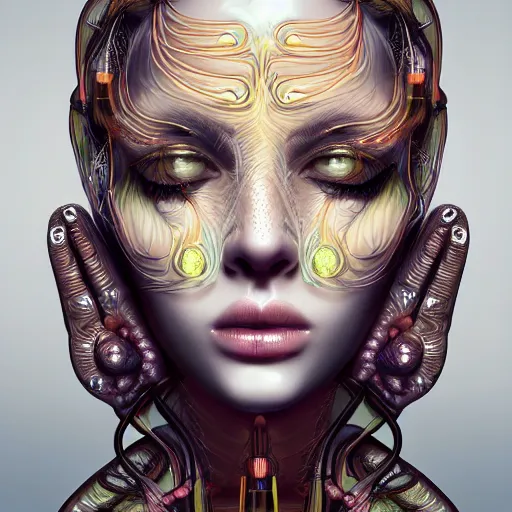 Prompt: very beautiful woman, big open eyes, full face frontal centered, portrait, abundent detailed intricate symmetrical ornate neon cables connected to head, clear lips, luxurious long hair, sophisticated abundent wiring and implants, translucent, porcelain, fractal, sci - fi, dramatic lighting, photography, highly detailed, trending on artstation, deviantart, 8 k, by chie yoshii