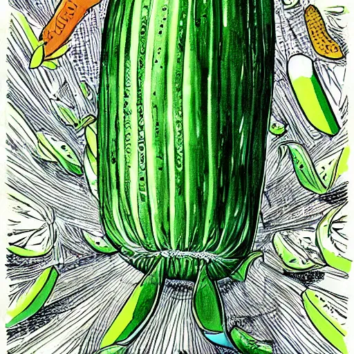 Prompt: jeff bezos is a cucumber, colored ink, moebius illustration art, key art