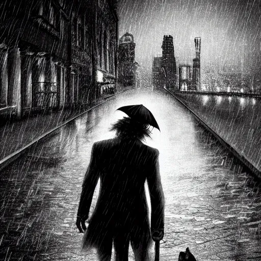 Image similar to black in white joker walking in the rain, night life buildings, small puppy dog in the background walking, sad mood, low angle, realistic, intricate, detailed, digital art, 4 k, 8 k, wallpaper, artstation trending