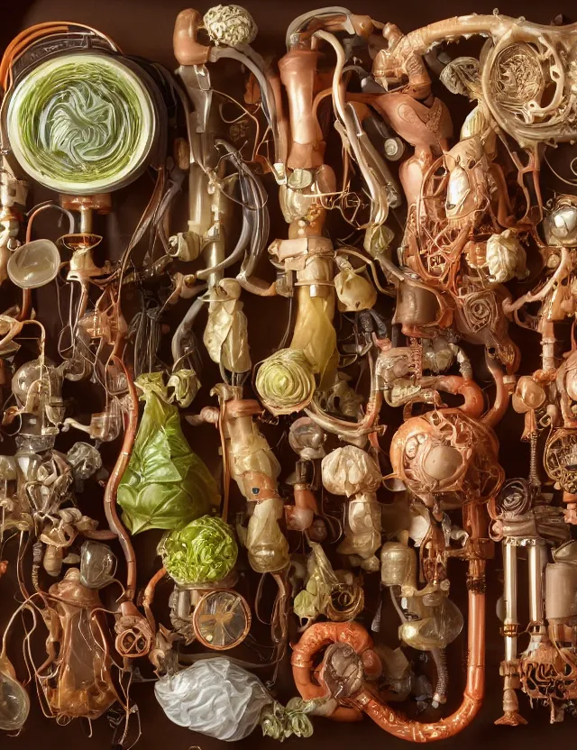 Prompt: a well - lit studio photograph of various earth - toned plastic translucent artificial hearts and organs, some wrinkled resembling reddish brown plastic cabbage, some long, various sizes, textures, and transparencies, beautiful, smooth, layered detailed, intricate art nouveau internal anatomy model