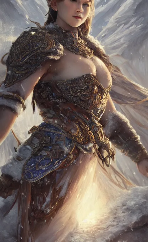 Image similar to azure viking warrior, regal, elegant, winter, snow, beautiful, stunning, hd, illustration, epic, d & d, fantasy, intricate, elegant, highly detailed, wide angle, digital painting, artstation, concept art, smooth, sharp focus, illustration, wallpaper, art by artgerm and greg rutkowski and alphonse mucha and jin xiaodi