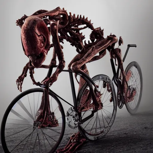 Image similar to fixed gear bike made of flesh and bones, scream and fear, body-horror, high detail, photorealism, full length view, insanely intricate details, octane render, 16k, 8k