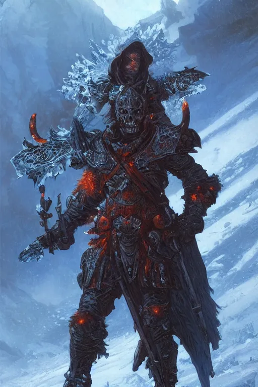 Image similar to a death knight in front of an icy landscape, orangered backlight, intricate, highly detailed, artstation, concept art, illustration, sharp focus, art by ralph horsley and alphonse mucha