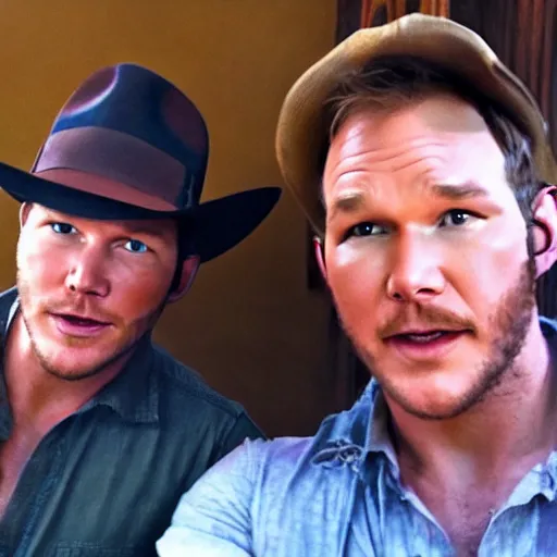 Image similar to chris pratt as indiana jones taking a selfie with harrison ford, instagram, cinematic, natural lighting, genuine smile