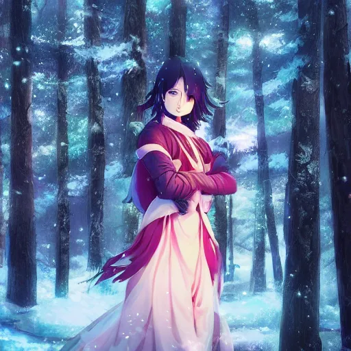 Prompt: himalayan anime inspired princess, sci fi themed, in a winter forest 8k hdr pixiv dslr photo by Makoto Shinkai and Wojtek Fus