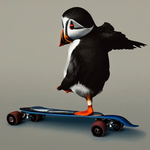 Prompt: puffin riding skateboard, cinematic, cinematic lighting, trending on Artstation, Cgsociety, detailed, 4k, very realistic