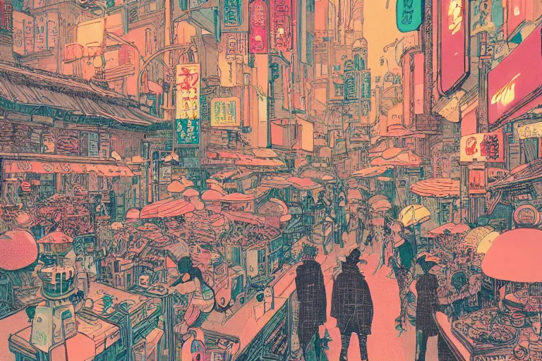 Image similar to a scene of a bustling fantasy city, risograph, retro fantasy style, victo ngai, moebius, studio ghibli