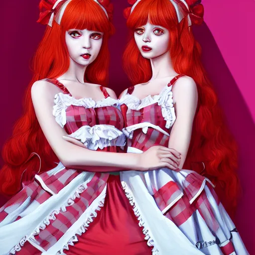 Image similar to twins wearing a lolita dress, full body shot, red hair, highly detailed, digital painting, artstation, concept art, smooth, sharp focus, illustration