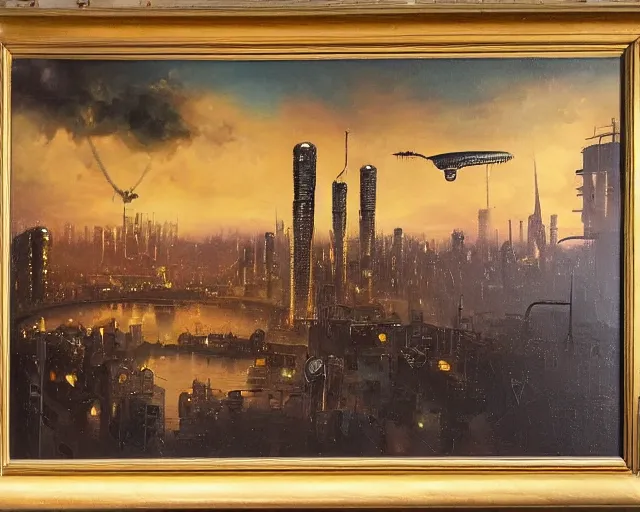 Image similar to oil painting of a big steampunk zeppelin over cyberpunk london, futuristic watchtower, view from far away, dark vibes, very serous painting, majestice masterpiece, tonalism