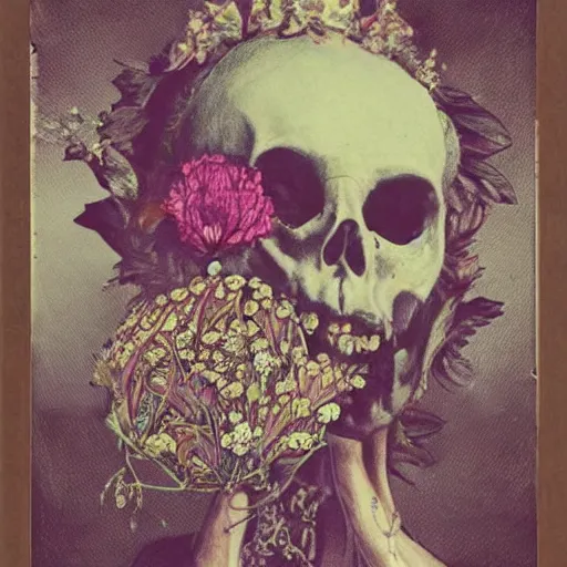 Image similar to a beautiful detailed front view baroque portrait of a rotten woman corpse becoming a skull with fractal plants and fractal flowers and mushrooms growing around, volumetric light, beautiful lit, polaroid photography