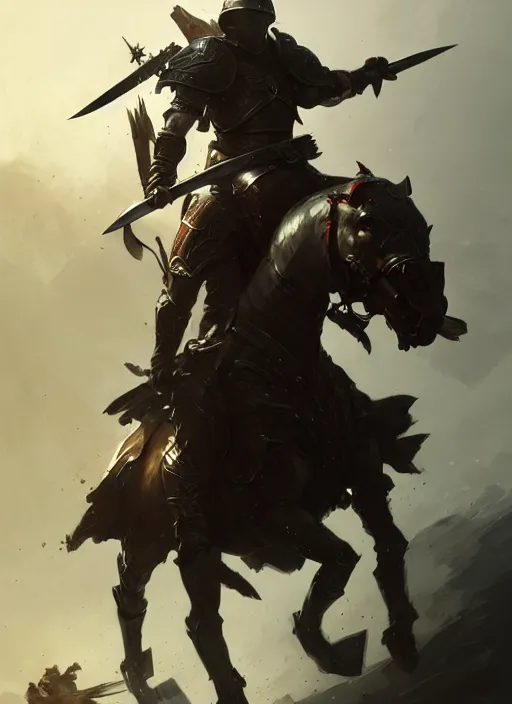 Prompt: epic war commander with armored helmet holding two gigantic sword and riding a standing horse while attacking enemies. highly detailed, digital painting, concept art, smooth, sharp focus, illustration, art by greg rutkowski