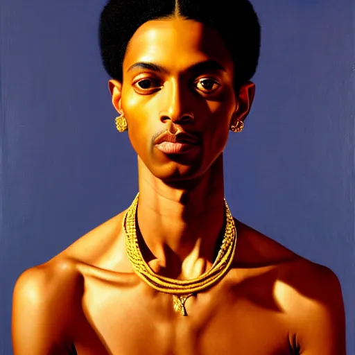 Prompt: A portrait of a skinny modern and stunning non-binary person, medium skin tone, Indian, oil painting by Kehinde Wiley, majestic, detailed, high resolution