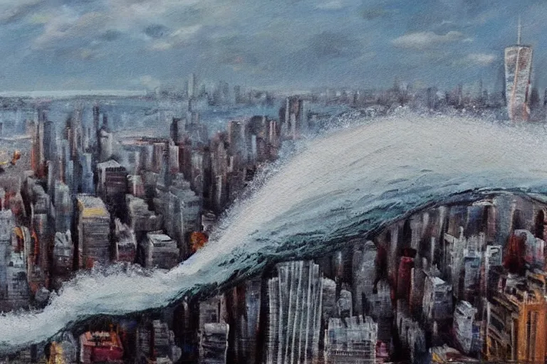 Prompt: tidal wave crashing over manhattan, bird's eye view, wide shot, cinematic, realistic style painting