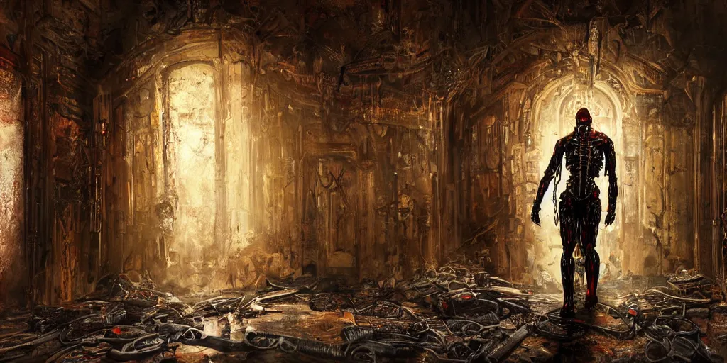 Image similar to gloomy painting of muscular cyborg in biopunk costume standing in doors inside ruined catholic cathedral interiors with walls painted in khokhloma style, gold, red and black, wide angle, 24mm, 8k resolution, detailed, realistic, digital art, very beautiful, award winning, matte painting