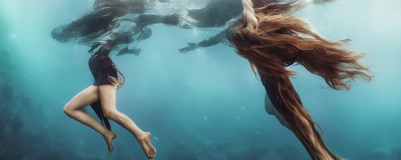 Image similar to beautiful female portrait, full body, diver in long flowy dress, underwater, cinematic volumetric lighting, soft bokeh, 8 k, by wlop, by ross tran