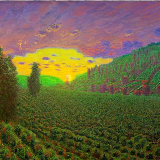 Image similar to enormous cannabis plantation in a valley, sunset in background, surreal, by simon stalenhag and claude monet, oil on canvas