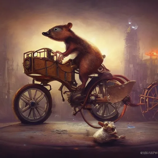 Prompt: oil painting of steampunk hamster riding on duck, steampunk city background, sharp focus, fantasy style, octane render, volumetric lighting, 8k high definition, by greg rutkowski, highly detailed, trending on art Station, explosions, magic the gathering artwork, centered