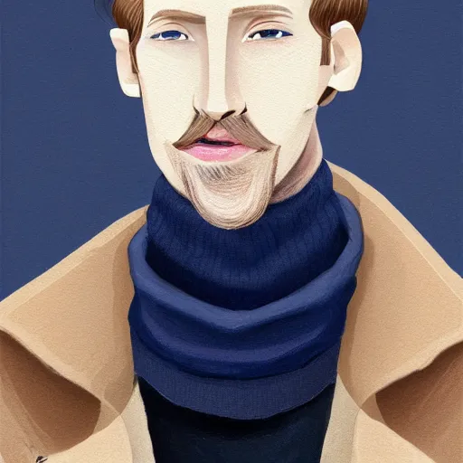 Image similar to gangly man with short light brown wavy hair, light brown stubble beard, no mustache, English heritage, blue eyes, middle aged, wearing a turtleneck and jacket, pale skin, narrow face, digital art, painterly, cartoon, cute, 8k, illustration, art by loish, painterly, trending on artstation, medium shot, uncropped