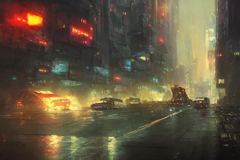 Prompt: cyberpunk humvee chased through burning city at night in rain by greg rutkowski makoto shinkai takashi takeuchi studio ghibli, akihiko yoshida