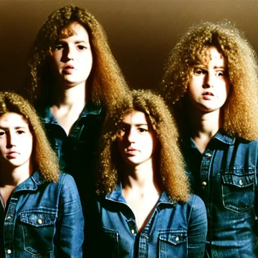 Image similar to group of 1 9 - year - old girls with shaggy wavy hair, wearing double denim, proto - metal band promo, heavy rock band promo photo, 1 9 7 5 photo