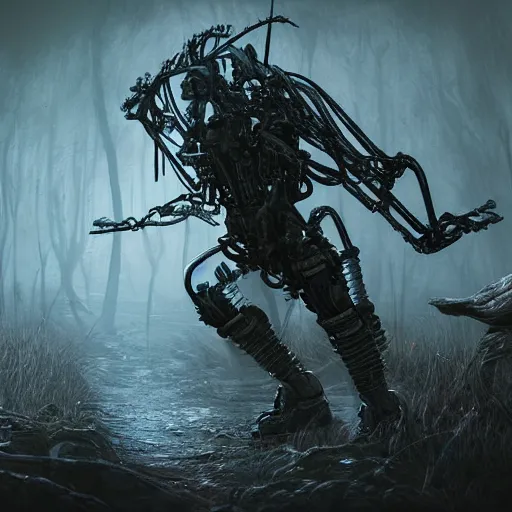 Image similar to Huntsman in combat dieselpunk giant walker exoskeleton with wooden details walks between the mystical foggy swamp. Style as if Dan Mumford and Tsutomu Nihei make game in Unreal Engine, photorealism, colorful, finalRender iridescent fantasy concept art 8k resolution concept art ink drawing volumetric lighting bioluminescence, plasma, neon, brimming with energy, electricity, power, Colorful Sci-Fi Steampunk Biological Living, cel-shaded, depth, particles, lots of reflective surfaces, subsurface scattering