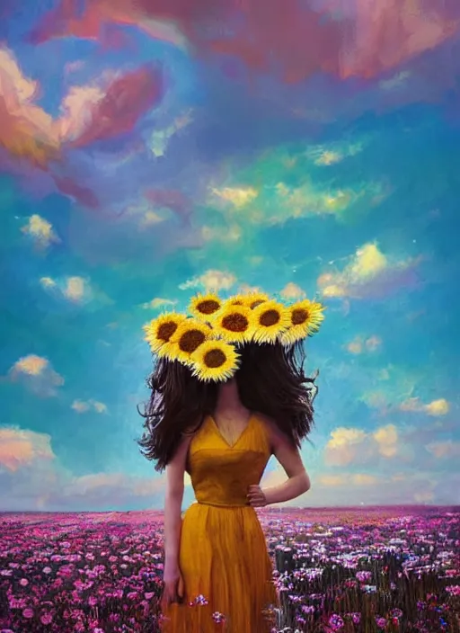 Image similar to portrait of a female face made of giant daisies, standing in a flower field, holding flowers, surreal photography, sunset dramatic light, impressionist painting, colorful clouds, large sky, digital painting, artstation, simon stalenhag