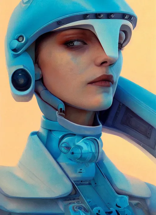 Prompt: symmetry!!! closeup portrait! of a cyborg racer girl, fashion white jumpsuit, shoulder pads, in clouds, cinematic light, windy, teal orange, volumetric smoke, by gerald brom, by mikhail vrubel, by peter elson, muted colors, extreme detail, trending on artstation, 8 k