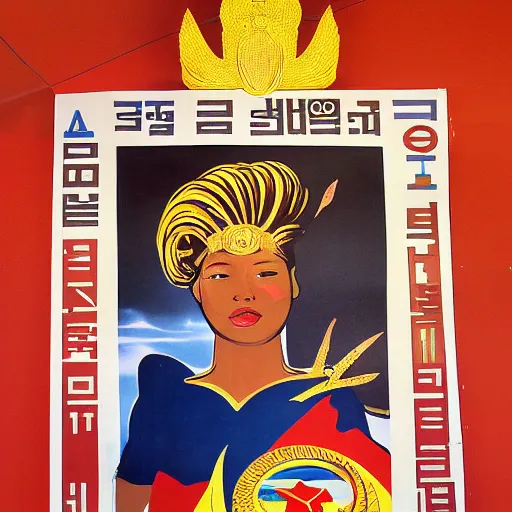 Prompt: portrait of a Colombian gold goddess, North Korean propaganda poster and Soviet propaganda poster and American propaganda poster