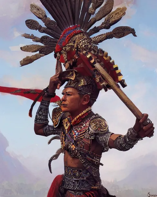 Prompt: an aztec warrior, fantasy, intricate, elegant, highly detailed, digital painting, artstation, concept art, smooth, sharp focus, illustration, edge highlights, beautiful light and shadows, art by krenz cushart and greg rutkowski and sachin teng and sergey kolesov and ruan jia and heng z