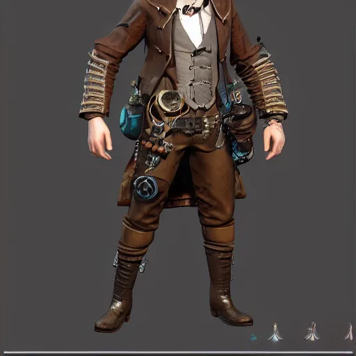 Prompt: Steampunk Character, Unreal Engine 5, Detailed Character Design, AAA Game, RTX, 3D Render