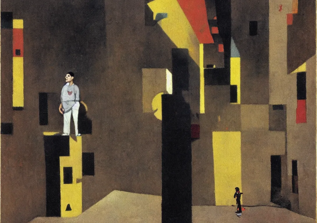 Image similar to a punk latino skinhead following a watchful light through the streets of a city, muted color scheme, sparse detail, by george luks, joan miro and moebius