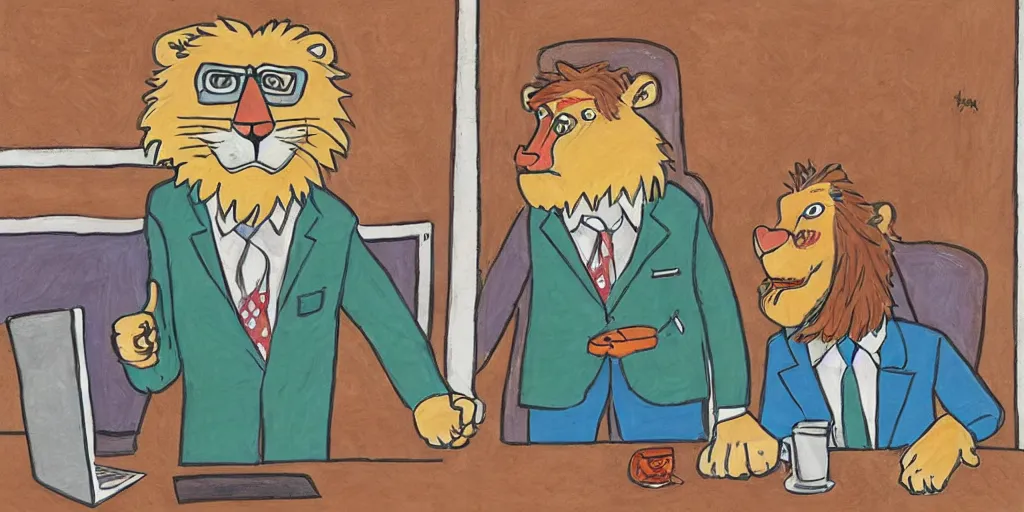 Image similar to an anthropomorphic lion wearing a suit and giving a thumbs up to his business partner, by lisa hanawalt, by wanda gag