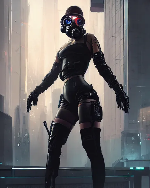 Prompt: beautiful female assassin wearing cyberpunk clothing, respirator, cybernetic respirator, detailed portrait, cell shaded, 4 k, vivid colours, concept art by wlop, ilya kuvshinov, artgerm, krenz cushart, greg rutkowski, pixiv. cinematic dramatic atmosphere, sharp focus, volumetric lighting, cinematic lighting, studio quality