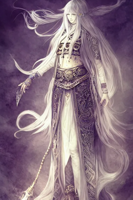 Prompt: A full body portrait of a female priestess with long silver hair by Akihiko Yoshida, fantasy, very detailed, matte, gaussian blur, tone mapping