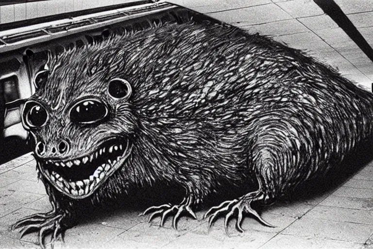 Image similar to very large giant mutant zombie irradiated ( angry rat ) staying on railways in tonnel of moscow subway. tonnel, railways, giant angry rat, furr, fangs, claws, very realistic. extreme long shot, 1 6 mm lens, herman nitsch and herman nitsch, giger.