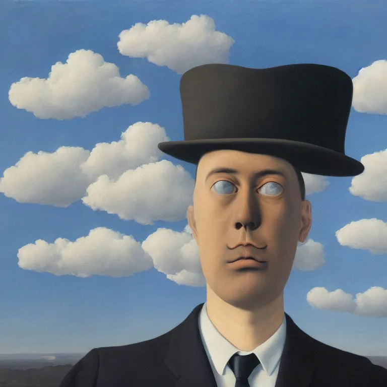 Image similar to portrait of a faceless shadow - head man in a suit, clouds in the background, by rene magritte, detailed painting, distance, centered, hd, hq, high resolution, high detail, 4 k, 8 k