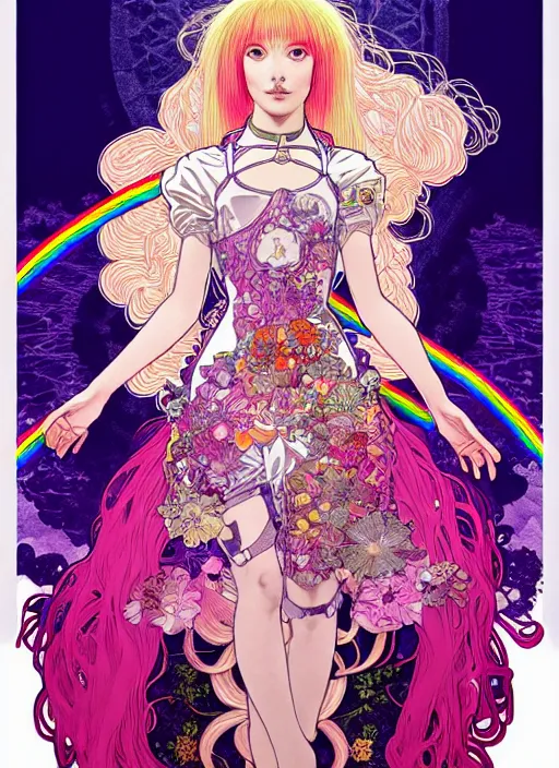 Image similar to highly detailed terada katsuya artgerm artstation rainbow reflection minaba hideo manga poster of princess mechine, long hair, armor, dress, laces, ruffles, 8 k, fluorescent, maximalist, jump comics, tomer hanuka, alphonse mucha