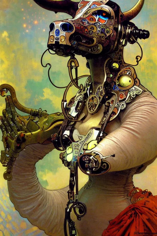 Image similar to cyborg cow, intricate, futuristic, fantasy, elegant, thomas kindkade, alphonse mucha, loish, norman rockwell,