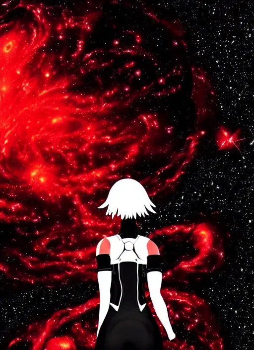 Prompt: Cave painting of a hopeful pretty astronaut lady with a wavy blonde hair, 4k resolution, nier:automata inspired, bravely default inspired, vibrant but dreary but upflifting red, black and white color scheme!!! ((Space nebula background))