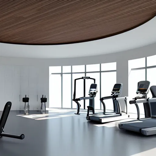 Image similar to gym interior concept design minimalist architecture modern furniture, modern equipment 8 k octane render blender high quality