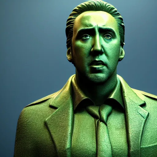 Prompt: Nicolas Cage mossy statue, green moss all over, bottom of the ocean, deep ocean, bottom of ocean, dark, 35mm, fish, 4k, detailed, photorealistic, photo, unreal engine 5,