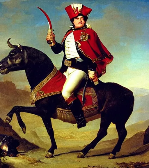 Prompt: gordon ramsay riding a long horn ram in the scottish mountains in the style of napoleon crossing the alps painting by paul delaroche, masterpiece, tartan cape