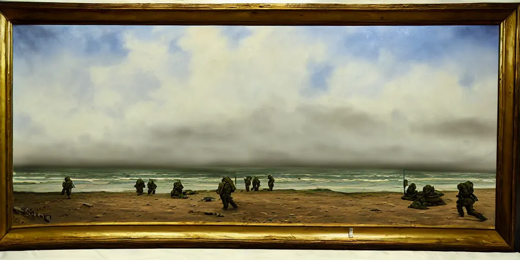 Image similar to battle of omaha beach, ww 2, matte painting, oil painting, painting