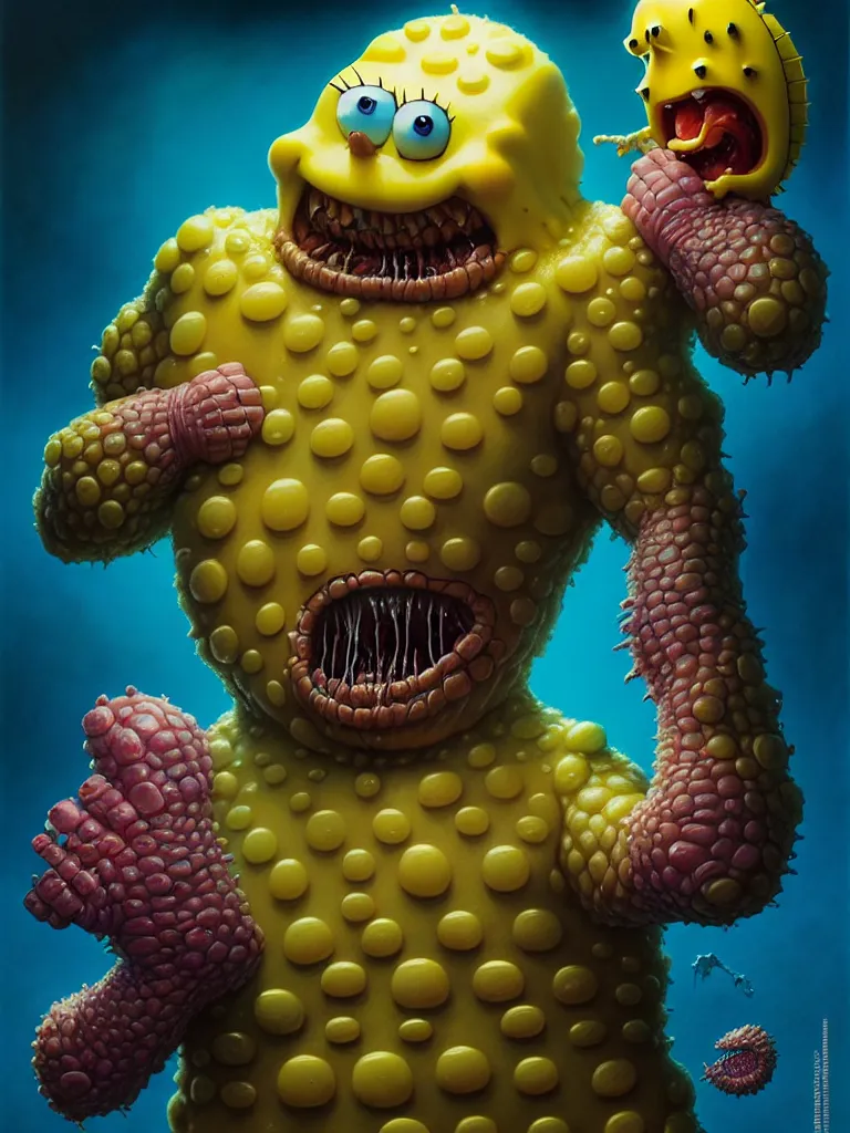 Image similar to hyperrealistic rendering, fat smooth john carpenter flesh monster spongebob by donato giancola and greg rutkowski and wayne barlow and zdzisław beksinski, product photography, action figure, sofubi, studio lighting, colored gels, colored background