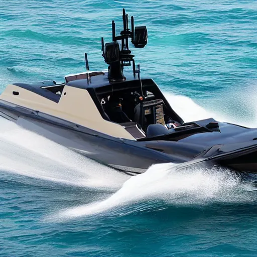 Image similar to speedboat with a M134 Minigun mounted on top of it