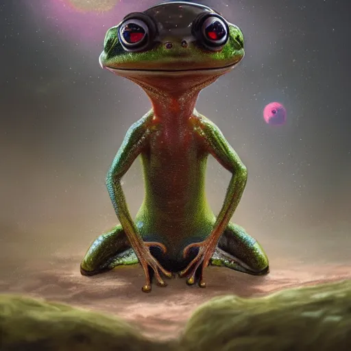 Prompt: long shot of a froggy alien, by esao andrews, by m. w. kaluta, by james web telescope, ultra humorous beautiful oil painting, cinematic space scenery, small depth of field, depth perception, volumetric light, rich colors, 3 d octane render, 8 k, conceptart, hyperdetailed, hyperrealistic, trending on artstation