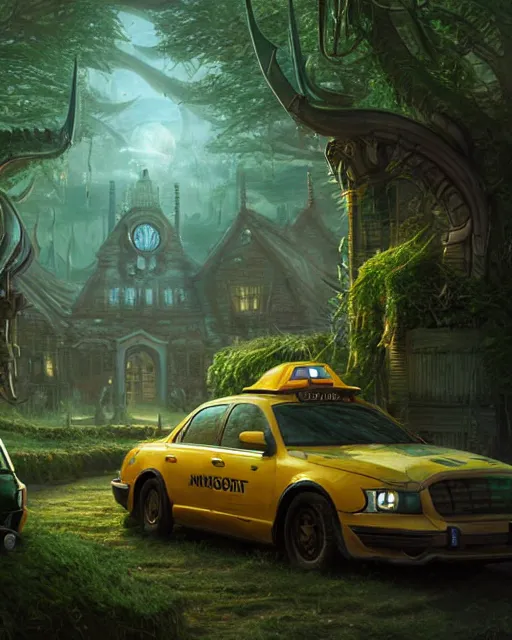 Image similar to xenomorph taxi car in a fantasy village, calming, uplifting mood, ultra realistic, farm, small buildings, highly detailed, atmosphere, masterpiece, epic lighting, elves, green plants, magic, illuminated, 4 k, cinematic, morning sun, art by eddie mendoza, sylvain sarrailh