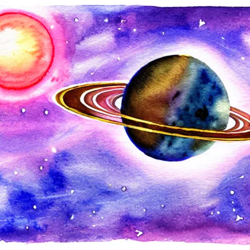 Prompt: a spaceship flying through a solarsystem in front of a pink planet, watercolor