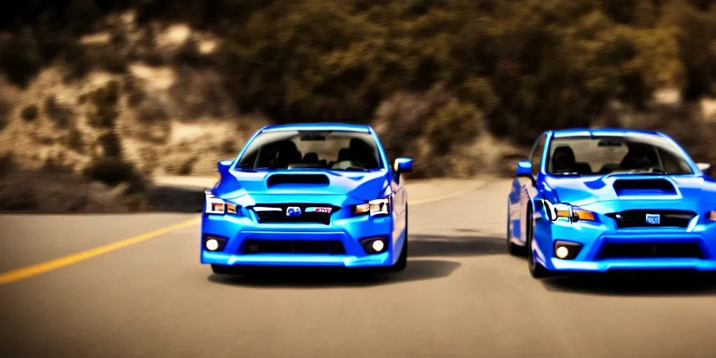 Image similar to photograph, 2014 Subaru WRX STi, cinematic, PCH, california coast, 8k, depth of field, bokeh.