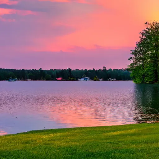 Image similar to a small dock on a quiet green lake, sunset, golden hour, beautiful lighting, peaceful, trees, high quality, high resolution